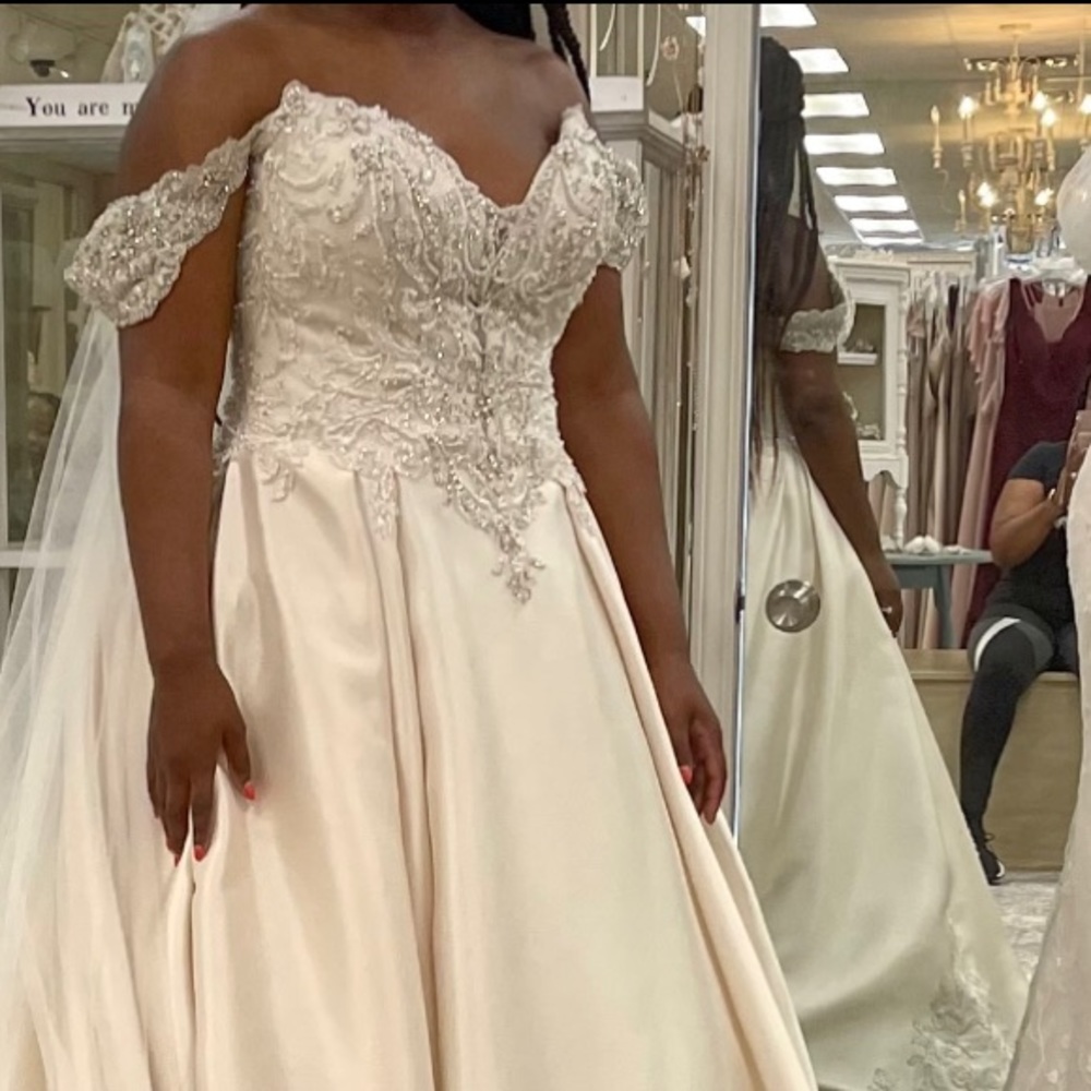 BRAND NEW-Maggie Sottero Light Champagne Pewter Accent Wedding Dress. Size 10